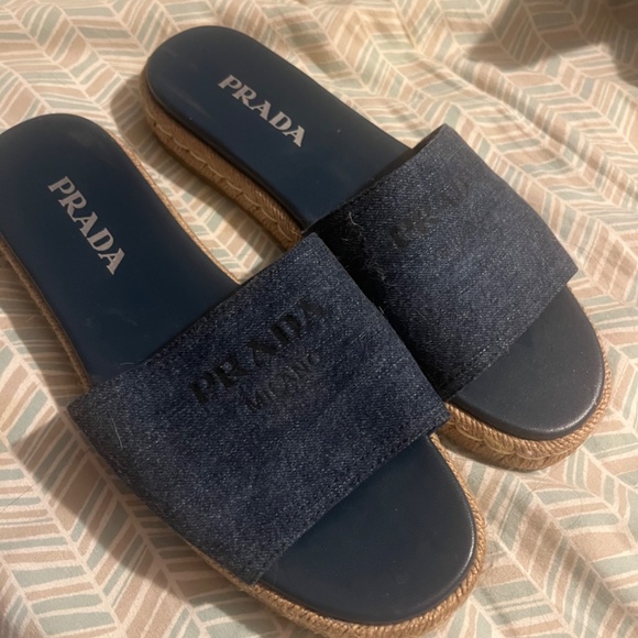 Prada Denim Logo Espadrille Slides - Picture 2 of 3